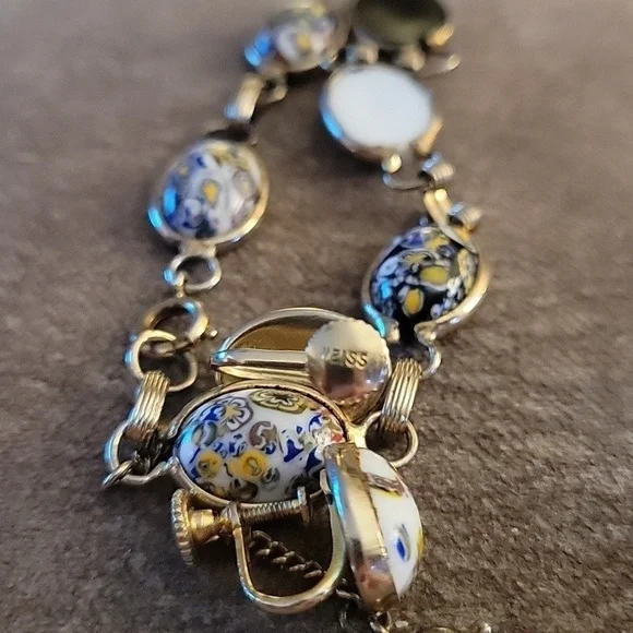 WEISS Antique Venetian Glass Cabochon Chain Bracelet Screw-on Earrings Set - Picture 7 of 7